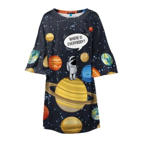 Детское платье 3D с принтом Where is Everybody? в Курске, 100% полиэстер | прямой силуэт, чуть расширенный к низу. Круглая горловина, на рукавах — воланы | Тематика изображения на принте: science | астронавт | астрономия | венера | земля | космонавт | космос | наука | научный | планеты | юпитер