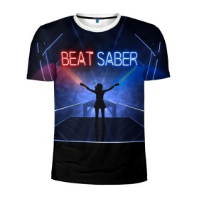 Мужская футболка 3D спортивная с принтом Beat Saber в Курске, 100% полиэстер с улучшенными характеристиками | приталенный силуэт, круглая горловина, широкие плечи, сужается к линии бедра | 3d | 3д | beat | saber | виртуальная | игра | реальность | ритм