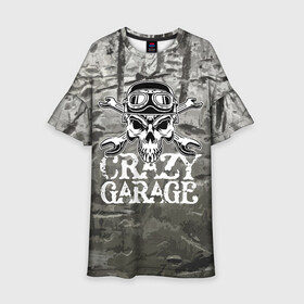 Детское платье 3D с принтом Crazy garage в Курске, 100% полиэстер | прямой силуэт, чуть расширенный к низу. Круглая горловина, на рукавах — воланы | Тематика изображения на принте: bones | garage | helmet | metal | orbits | skull | teeth | wrench | гаечный ключ | гараж | глазницы | зубы | металл | череп | шлем