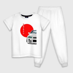 Детская пижама хлопок с принтом Nissan Skyline R34 Gt-R в Курске, 100% хлопок |  брюки и футболка прямого кроя, без карманов, на брюках мягкая резинка на поясе и по низу штанин
 | гонка | дрифт. nissan skyline | пушка | скайлайн | тюнинг | японские машины