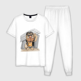 Мужская пижама хлопок с принтом Древний человек в Курске, 100% хлопок | брюки и футболка прямого кроя, без карманов, на брюках мягкая резинка на поясе и по низу штанин
 | 