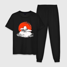 Мужская пижама хлопок с принтом Гора Фудзияма в Курске, 100% хлопок | брюки и футболка прямого кроя, без карманов, на брюках мягкая резинка на поясе и по низу штанин
 | japan | japanese | акварель | восходящие солнце | гора | закат | искуство | красками | краски | красное | на груди | облака | облако | пейзаж | склон | солнце | солнышко | спереди | туристическая | фудзияма