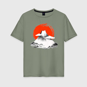 Женская футболка хлопок Oversize с принтом Гора Фудзияма в Курске, 100% хлопок | свободный крой, круглый ворот, спущенный рукав, длина до линии бедер
 | japan | japanese | акварель | восходящие солнце | гора | закат | искуство | красками | краски | красное | на груди | облака | облако | пейзаж | склон | солнце | солнышко | спереди | туристическая | фудзияма