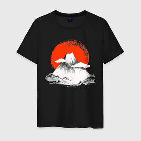 Мужская футболка хлопок с принтом Гора Фудзияма в Курске, 100% хлопок | прямой крой, круглый вырез горловины, длина до линии бедер, слегка спущенное плечо. | japan | japanese | акварель | восходящие солнце | гора | закат | искуство | красками | краски | красное | на груди | облака | облако | пейзаж | склон | солнце | солнышко | спереди | туристическая | фудзияма