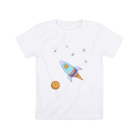 Детская футболка хлопок с принтом Космическое путешествие в Курске, 100% хлопок | круглый вырез горловины, полуприлегающий силуэт, длина до линии бедер | Тематика изображения на принте: 