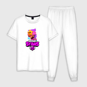 Мужская пижама хлопок с принтом BRAWL STARS:СЭНДИ в Курске, 100% хлопок | брюки и футболка прямого кроя, без карманов, на брюках мягкая резинка на поясе и по низу штанин
 | Тематика изображения на принте: bibi | brawl stars | brock | bull | crow | dinomike | el primo | leon | mobile game | nita | poko | ricochet | stars | tara | бравл старс | ворон | леон | мобильные игры
