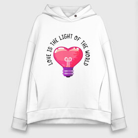 Женское худи Oversize хлопок с принтом Love is the Light of the World в Курске, френч-терри — 70% хлопок, 30% полиэстер. Мягкий теплый начес внутри —100% хлопок | боковые карманы, эластичные манжеты и нижняя кромка, капюшон на магнитной кнопке | Тематика изображения на принте: art | heart | light | world | арт | лампочка | любовь | мир | свет | сердце