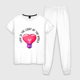 Женская пижама хлопок с принтом Love is the Light of the World в Курске, 100% хлопок | брюки и футболка прямого кроя, без карманов, на брюках мягкая резинка на поясе и по низу штанин | art | heart | light | world | арт | лампочка | любовь | мир | свет | сердце