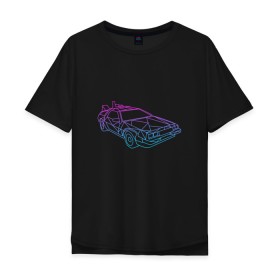 Мужская футболка хлопок Oversize с принтом DeLorean gradient в Курске, 100% хлопок | свободный крой, круглый ворот, “спинка” длиннее передней части | Тематика изображения на принте: автомобиль | арт | градиент | машина | неон | силуэт | тачка | фильм | цвета