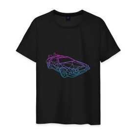 Мужская футболка хлопок с принтом DeLorean gradient в Курске, 100% хлопок | прямой крой, круглый вырез горловины, длина до линии бедер, слегка спущенное плечо. | Тематика изображения на принте: автомобиль | арт | градиент | машина | неон | силуэт | тачка | фильм | цвета