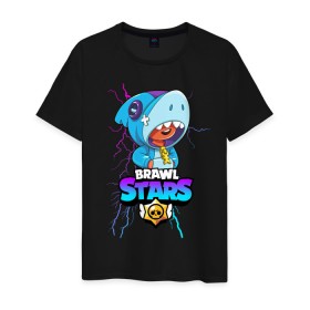 Мужская футболка хлопок с принтом BRAWL STARS LEON SHARK в Курске, 100% хлопок | прямой крой, круглый вырез горловины, длина до линии бедер, слегка спущенное плечо. | bibi | brawl stars | crow | el brown | leon | leon shark | max | sally leon | shark | stars | акула | биби | ворон | леон