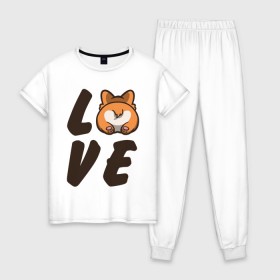 Женская пижама хлопок с принтом Love Corgi в Курске, 100% хлопок | брюки и футболка прямого кроя, без карманов, на брюках мягкая резинка на поясе и по низу штанин | corgi | корги