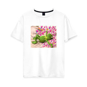 Женская футболка хлопок Oversize с принтом Кермит и сердечки в Курске, 100% хлопок | свободный крой, круглый ворот, спущенный рукав, длина до линии бедер
 | интернет мем | кермит | любовь | мем | персонаж | прикол | сердечки | сердца | улица сезам