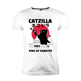 Мужская футболка премиум с принтом Catzilla King of Pawster в Курске, 92% хлопок, 8% лайкра | приталенный силуэт, круглый вырез ворота, длина до линии бедра, короткий рукав | Тематика изображения на принте: cat | catzilla | kitty | paw | pawster | годзилла | кот | котики | коты | кошки | пародия