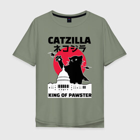 Мужская футболка хлопок Oversize с принтом Catzilla King of Pawster в Курске, 100% хлопок | свободный крой, круглый ворот, “спинка” длиннее передней части | cat | catzilla | kitty | paw | pawster | годзилла | кот | котики | коты | кошки | пародия