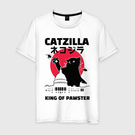 Мужская футболка хлопок с принтом Catzilla King of Pawster в Курске, 100% хлопок | прямой крой, круглый вырез горловины, длина до линии бедер, слегка спущенное плечо. | Тематика изображения на принте: cat | catzilla | kitty | paw | pawster | годзилла | кот | котики | коты | кошки | пародия