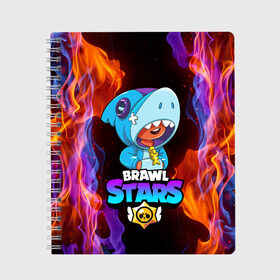 Тетрадь с принтом BRAWL STARS LEON SHARK в Курске, 100% бумага | 48 листов, плотность листов — 60 г/м2, плотность картонной обложки — 250 г/м2. Листы скреплены сбоку удобной пружинной спиралью. Уголки страниц и обложки скругленные. Цвет линий — светло-серый
 | Тематика изображения на принте: bibi | brawl stars | crow | el brown | leon | leon shark | max | sally leon | shark | stars | акула | биби | ворон | леон