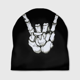 Шапка 3D с принтом Rock в Курске, 100% полиэстер | универсальный размер, печать по всей поверхности изделия | bones | fingers | metal | music | rock | коза | кости | метал | музыка | пальцы | рок | рука | скелет