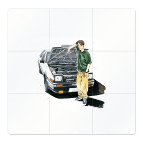 Магнитный плакат 3Х3 с принтом Initial D Takumi & Toyota AE 86 в Курске, Полимерный материал с магнитным слоем | 9 деталей размером 9*9 см | Тематика изображения на принте: ae 86 | anime | car | fujiwara | initial d | japan | jdm | levin | stance | takumi | toyota | trueno | автомобили | аниме | гонки | инициал д | такуми