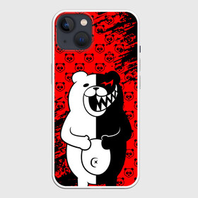 Чехол для iPhone 13 с принтом Монокума на красном паттерне в Курске,  |  | anime | bear | black  white | danganronpa | kurokuma | monodam | monokuma | monomi | monotaro | pink | rabbit | school | shirokuma | аниме | главарь | мoноми | монокума | черно белый | школа