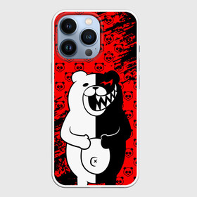 Чехол для iPhone 13 Pro с принтом Монокума на красном паттерне в Курске,  |  | anime | bear | black  white | danganronpa | kurokuma | monodam | monokuma | monomi | monotaro | pink | rabbit | school | shirokuma | аниме | главарь | мoноми | монокума | черно белый | школа