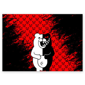 Поздравительная открытка с принтом MONOKUMA. в Курске, 100% бумага | плотность бумаги 280 г/м2, матовая, на обратной стороне линовка и место для марки
 | anime | bear | black  white | danganronpa | kurokuma | monodam | monokuma | monomi | monotaro | pink | rabbit | school | shirokuma | аниме | главарь | мoноми | монокума | черно белый | школа