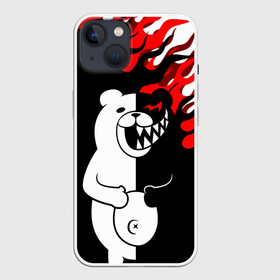 Чехол для iPhone 13 с принтом Монокума красные языки пламени в Курске,  |  | anime | bear | black  white | danganronpa | kurokuma | monodam | monokuma | monomi | monotaro | pink | rabbit | school | shirokuma | аниме | главарь | мoноми | монокума | черно белый | школа