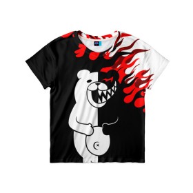 Детская футболка 3D с принтом MONOKUMA. в Курске, 100% гипоаллергенный полиэфир | прямой крой, круглый вырез горловины, длина до линии бедер, чуть спущенное плечо, ткань немного тянется | anime | bear | black  white | danganronpa | kurokuma | monodam | monokuma | monomi | monotaro | pink | rabbit | school | shirokuma | аниме | главарь | мoноми | монокума | черно белый | школа