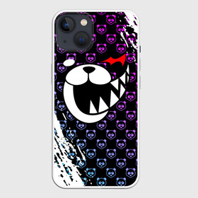 Чехол для iPhone 13 с принтом Монокума на фиолетовом паттерне в Курске,  |  | anime | bear | black  white | danganronpa | kurokuma | monodam | monokuma | monomi | monotaro | pink | rabbit | school | shirokuma | аниме | главарь | мoноми | монокума | черно белый | школа