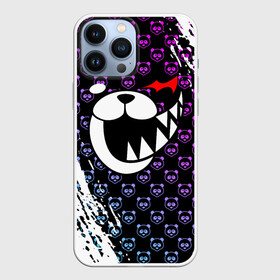 Чехол для iPhone 13 Pro Max с принтом Монокума на фиолетовом паттерне в Курске,  |  | anime | bear | black  white | danganronpa | kurokuma | monodam | monokuma | monomi | monotaro | pink | rabbit | school | shirokuma | аниме | главарь | мoноми | монокума | черно белый | школа