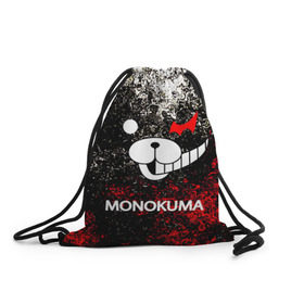 Рюкзак-мешок 3D с принтом MONOKUMA. в Курске, 100% полиэстер | плотность ткани — 200 г/м2, размер — 35 х 45 см; лямки — толстые шнурки, застежка на шнуровке, без карманов и подкладки | anime | bear | black  white | danganronpa | kurokuma | monodam | monokuma | monomi | monotaro | pink | rabbit | school | shirokuma | аниме | главарь | мoноми | монокума | черно белый | школа
