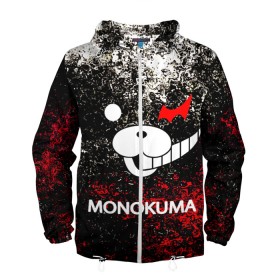 Мужская ветровка 3D с принтом MONOKUMA. в Курске, 100% полиэстер | подол и капюшон оформлены резинкой с фиксаторами, два кармана без застежек по бокам, один потайной карман на груди | anime | bear | black  white | danganronpa | kurokuma | monodam | monokuma | monomi | monotaro | pink | rabbit | school | shirokuma | аниме | главарь | мoноми | монокума | черно белый | школа