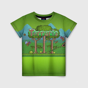 Детская футболка 3D с принтом Terraria в Курске, 100% гипоаллергенный полиэфир | прямой крой, круглый вырез горловины, длина до линии бедер, чуть спущенное плечо, ткань немного тянется | minecraft | terraria | инди игры | майнкрафт | террария