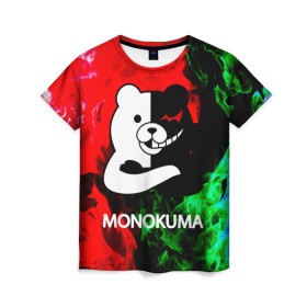 Женская футболка 3D с принтом MONOKUMA. в Курске, 100% полиэфир ( синтетическое хлопкоподобное полотно) | прямой крой, круглый вырез горловины, длина до линии бедер | anime | bear | black  white | danganronpa | kurokuma | monodam | monokuma | monomi | monotaro | pink | rabbit | school | shirokuma | аниме | главарь | мoноми | монокума | черно белый | школа