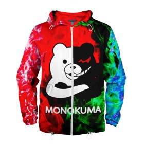 Мужская ветровка 3D с принтом MONOKUMA. в Курске, 100% полиэстер | подол и капюшон оформлены резинкой с фиксаторами, два кармана без застежек по бокам, один потайной карман на груди | anime | bear | black  white | danganronpa | kurokuma | monodam | monokuma | monomi | monotaro | pink | rabbit | school | shirokuma | аниме | главарь | мoноми | монокума | черно белый | школа