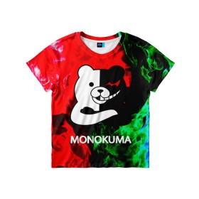Детская футболка 3D с принтом MONOKUMA. в Курске, 100% гипоаллергенный полиэфир | прямой крой, круглый вырез горловины, длина до линии бедер, чуть спущенное плечо, ткань немного тянется | anime | bear | black  white | danganronpa | kurokuma | monodam | monokuma | monomi | monotaro | pink | rabbit | school | shirokuma | аниме | главарь | мoноми | монокума | черно белый | школа