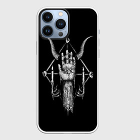 Чехол для iPhone 13 Pro Max с принтом Анархия в Курске,  |  | Тематика изображения на принте: анархия | зло | пентаграмма | рога | рука | свечки | тьма | черно белое