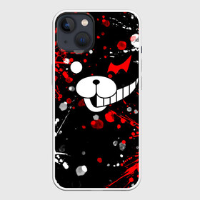 Чехол для iPhone 13 с принтом Монокума в брызгах в Курске,  |  | anime | bear | black  white | danganronpa | kurokuma | monodam | monokuma | monomi | monotaro | pink | rabbit | school | shirokuma | аниме | главарь | мoноми | монокума | черно белый | школа