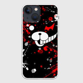 Чехол для iPhone 13 mini с принтом Монокума в брызгах в Курске,  |  | anime | bear | black  white | danganronpa | kurokuma | monodam | monokuma | monomi | monotaro | pink | rabbit | school | shirokuma | аниме | главарь | мoноми | монокума | черно белый | школа