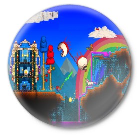 Значок с принтом TERRARIA GAME в Курске,  металл | круглая форма, металлическая застежка в виде булавки | game | pixel | terraria | игра | пиксель | террариа