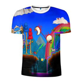 Мужская футболка 3D спортивная с принтом TERRARIA GAME в Курске, 100% полиэстер с улучшенными характеристиками | приталенный силуэт, круглая горловина, широкие плечи, сужается к линии бедра | game | pixel | terraria | игра | пиксель | террариа