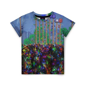 Детская футболка 3D с принтом TERRARIA в Курске, 100% гипоаллергенный полиэфир | прямой крой, круглый вырез горловины, длина до линии бедер, чуть спущенное плечо, ткань немного тянется | Тематика изображения на принте: game | pixel | terraria | игра | пиксель | террариа