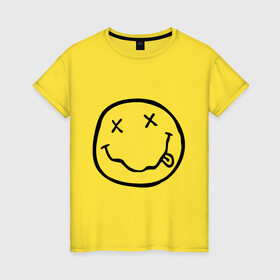 Женская футболка хлопок с принтом NIRVANA (+ на спине) в Курске, 100% хлопок | прямой крой, круглый вырез горловины, длина до линии бедер, слегка спущенное плечо | cobain | kurt | nirvana | кобейн | курт | нирвана | смайл | улыбка
