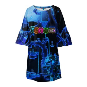 Детское платье 3D с принтом Terraria в Курске, 100% полиэстер | прямой силуэт, чуть расширенный к низу. Круглая горловина, на рукавах — воланы | Тематика изображения на принте: game | pixel | terraria | игра | пиксель | террариа