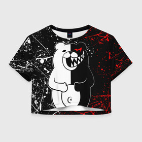 Женская футболка Crop-top 3D с принтом monokuma хохочет в Курске, 100% полиэстер | круглая горловина, длина футболки до линии талии, рукава с отворотами | anime | bear | black  white | danganronpa | kurokuma | monodam | monokuma | monomi | monotaro | rabbit | school | shirokuma | аниме | главарь | мoноми | монокума | черно белый | школа