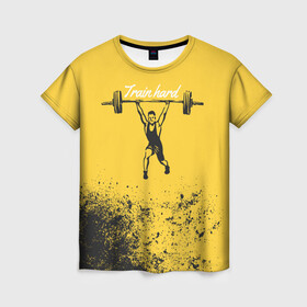 Женская футболка 3D с принтом Train hard в Курске, 100% полиэфир ( синтетическое хлопкоподобное полотно) | прямой крой, круглый вырез горловины, длина до линии бедер | lifting | wheight lifting | wheightlifting | тяжелая атлетика | штанга | штангист