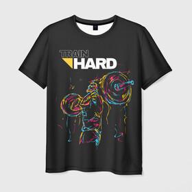Мужская футболка 3D с принтом Train hard в Курске, 100% полиэфир | прямой крой, круглый вырез горловины, длина до линии бедер | lifting | wheight lifting | wheightlifting | тяжелая атлетика | штанга | штангист