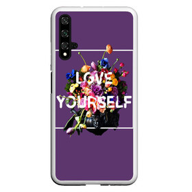 Чехол для Honor 20 с принтом Love Yourself в Курске, Силикон | Область печати: задняя сторона чехла, без боковых панелей | Тематика изображения на принте: bangtan | bighit | boy | fake love | j hope | jimin | jin | jungkook | korea | kpop | live | luv | mic drop | rm | suga | v | with | бтс | кей | поп