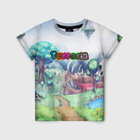 Детская футболка 3D с принтом TERRARIA в Курске, 100% гипоаллергенный полиэфир | прямой крой, круглый вырез горловины, длина до линии бедер, чуть спущенное плечо, ткань немного тянется | game | pixel | terraria | игра | пиксель | террариа
