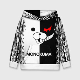 Детская толстовка 3D с принтом MONOKUMA. в Курске, 100% полиэстер | двухслойный капюшон со шнурком для регулировки, мягкие манжеты на рукавах и по низу толстовки, спереди карман-кенгуру с мягким внутренним слоем | Тематика изображения на принте: anime | bear | black  white | danganronpa | kurokuma | monodam | monokuma | monomi | monotaro | pink | rabbit | school | shirokuma | аниме | главарь | мoноми | монокума | черно белый | школа